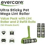 Evercare Ultra Sticky Pet Mega Lint Roller Value Pack with Lint Roller and 2 Refill Rolls, 50 Sheets Each