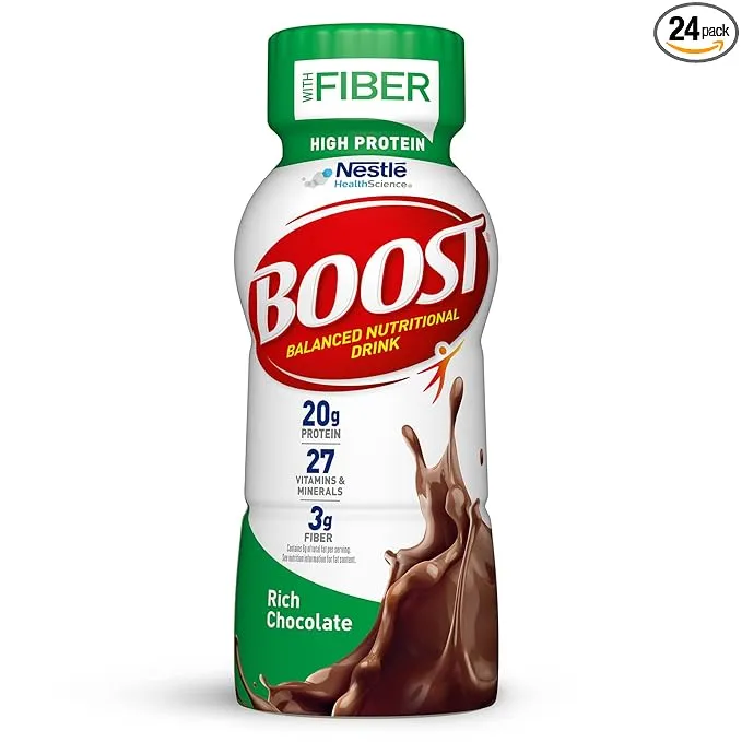 BOOST High Protein with Fiber Complete Nutritional Drink, Rich Chocolate, 8 fl oz Bottle, 24 Pack