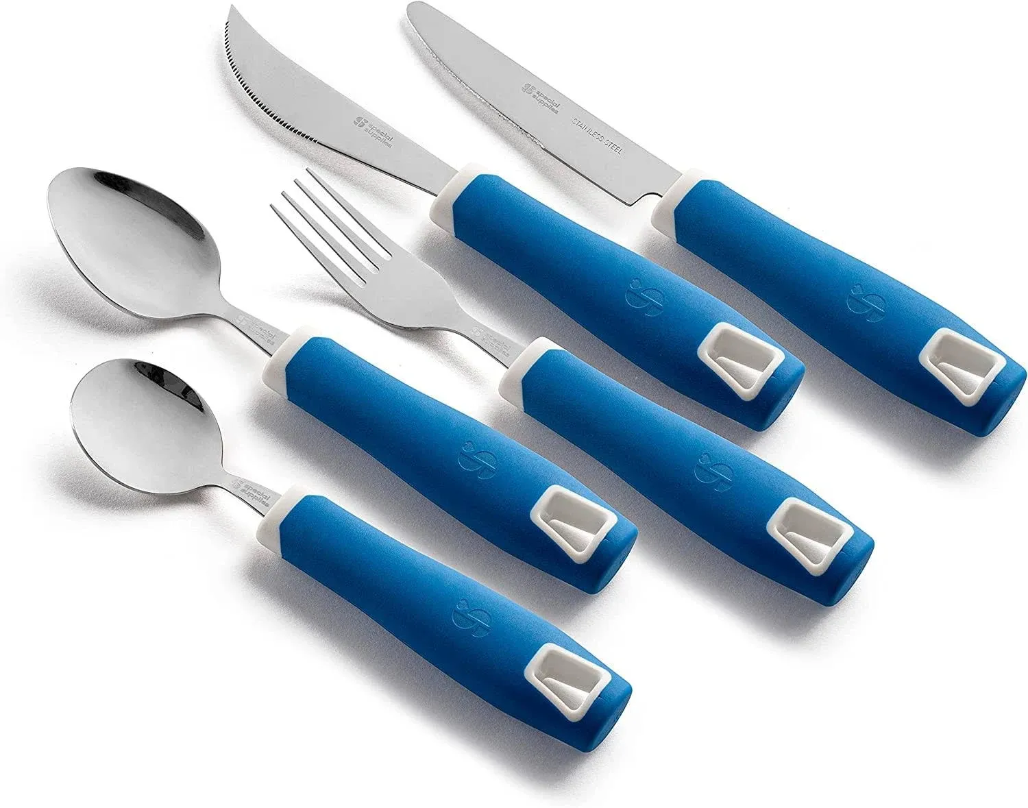 Special Supplies Adaptive Utensils 5-Piece Set Non-Weighted, Non-Slip Handles for Hand Tremors, Arthritis, Parkinson’s or Elderly Use - Stainless Steel Knife, Rocker Knife, Fork, Spoons - Blue