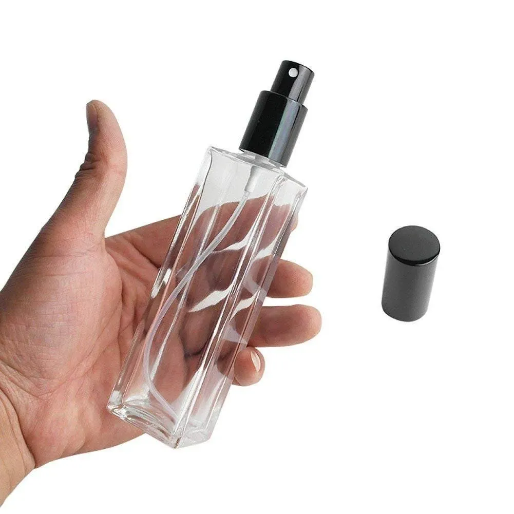 1Pcs Squared Transparent Glass Empty Perfume Bottle Fine Mist Spray Container Cologne With Spray Applicator And Black Lid size 50ML/1.7oz