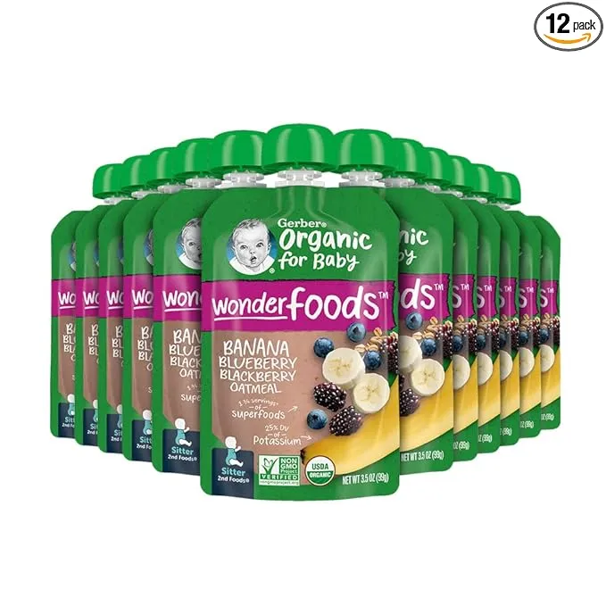 Gerber Organic Baby Food Pouches, 2nd Foods for Sitter, WonderFoods, Banana Blueberry Blackberry Oatmeal, 3.5 Ounce (Pack of 12)