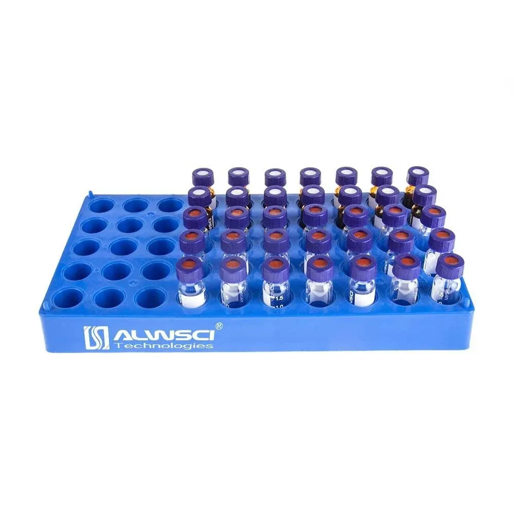 (1 Pack) ALWSCI Vial Rack, Lab HPLC Vial Holder, 12 mm Vial Tray Holder 50 Well Stackable, Blue Tube Rack for 2 ml Autosampler Vial