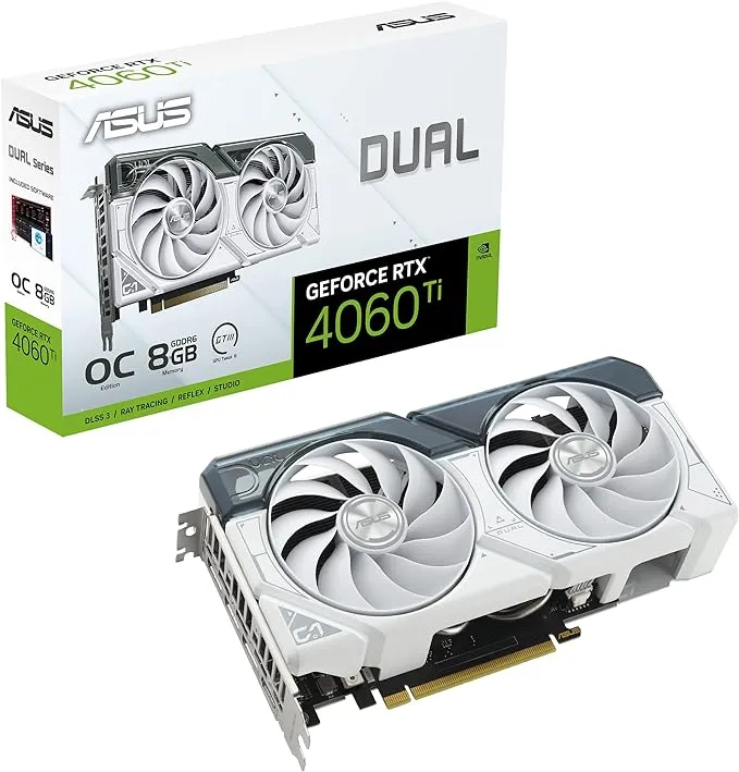 ASUS Dual GeForce RTX 4060 Ti White OC Edition 8GB GDDR6 (PCIe 4.0, 8GB GDDR6, DLSS 3, HDMI 2.1, DisplayPort 1.4a, Axial-tech fan design, 0dB technology) DUAL-RTX4060TI-O8G-WHITE