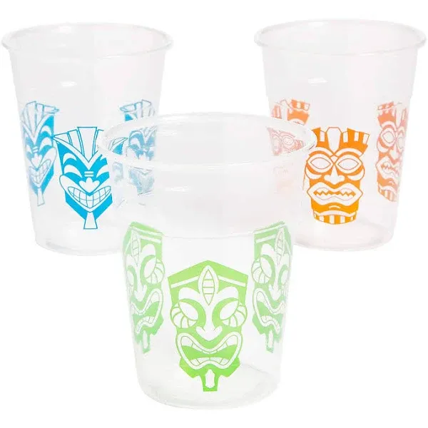 16 oz. Bulk 50 Ct. Luau Tiki Mask Print Clear Disposable Plastic Cups