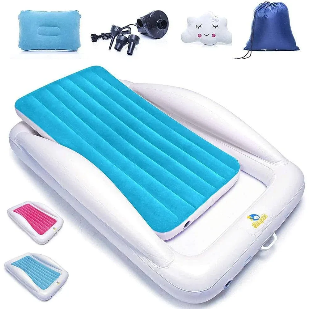 Sleepah Inflatable Toddler Travel Bed Portable Kids Air Mattress Set w Safety Bed Rail Guards for Kids & Toddlers – Set Includes Pump, Carry Case, Pillow & More - Perfect Transitional Cot