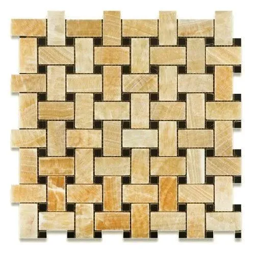 Honey Onyx Polished Basketweave Mosaic Tile w/Black Dots (Box of 5 Sq. ft.)