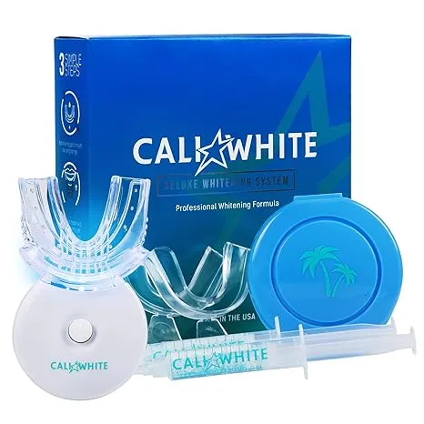 Cali White Teeth Whitening Strip Kit with LED Light + Batteries - Organic Peroxide Teeth Whitening Gel - Set of White Strips for Teeth Whitening - 2x5ml Syringes, Thermoform Whitening Trays & Case