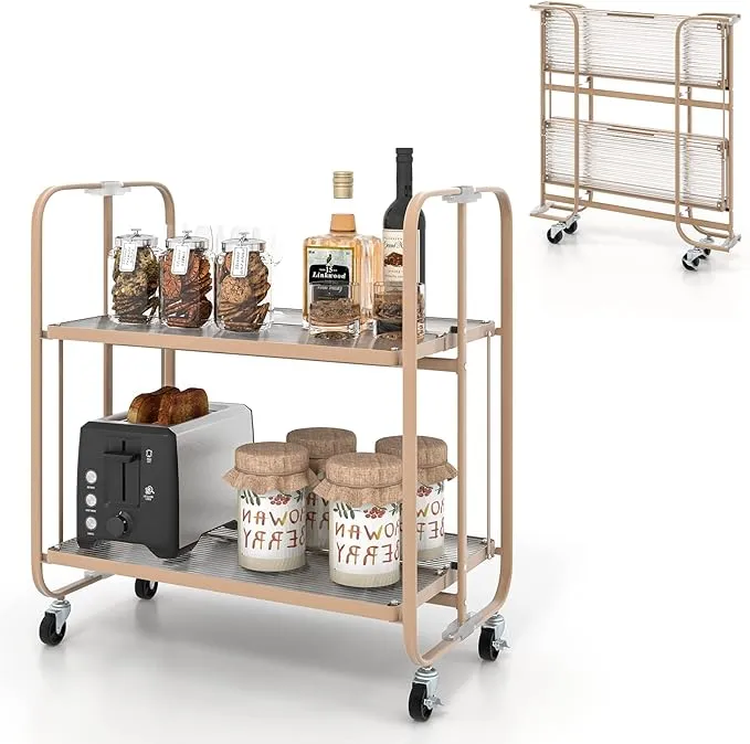 Giantex 2-Tier Mobile Serving Cart, Foldable Storage Cart on Wheels, Tempered Glass Shelf, Powder-coated Metal Frame, Modern Kitchen Island Utility Cart for Dining Room Living Room (Rose Gold)