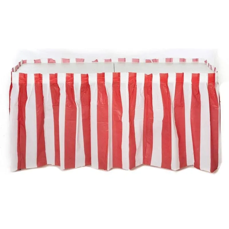 Oojami Pack of 4 Classic Red & White Striped Table Skirts - Perfect for Carnival, Circus Themed Parties, and More - Easy to Apply, 14ft Length Each