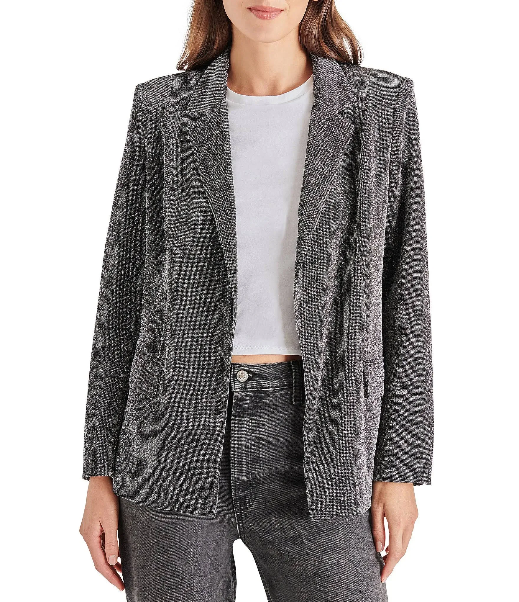 Steve Madden Payton Metallic Open Front Boyfriend Blazer, Medium