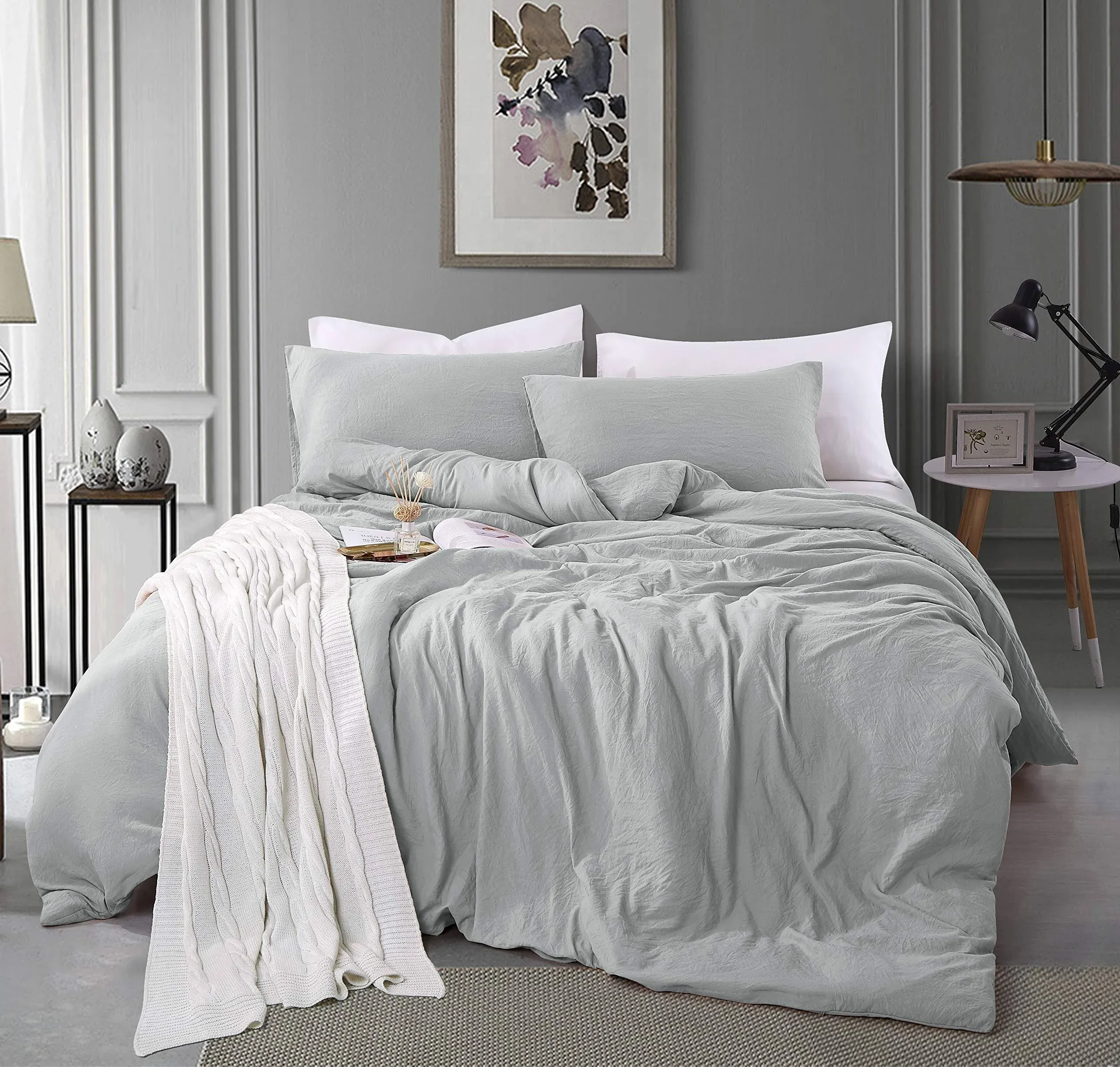 Queen Size Duvet Cover - 3 Piece Bedding Set (1 Duvet Cover & 2 Pillow Cases) Soft Prewashed Comforter Cover w/Zipper Closure & Corner Ties - No Comforter (90" X 90", Light Grey)