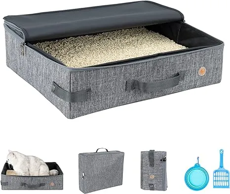 petisfam Portable Cat Travel Litter Box for Cats in Car. Odor Free, Leak Proof, Collapsible, Foldable