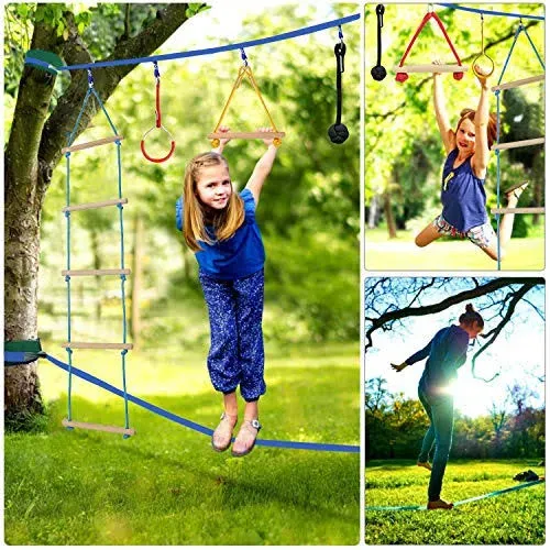 TUAHOO 2 x 50Ft Double Slackline Ninja Warrior Obstacle Course for Kids Adults Family Outdoor Gym Play Sets - Ninja Training with Gym Rings ,Wooden Bars,Climbing Rope Ladder ( Plus 1.2M Arm Trainer )