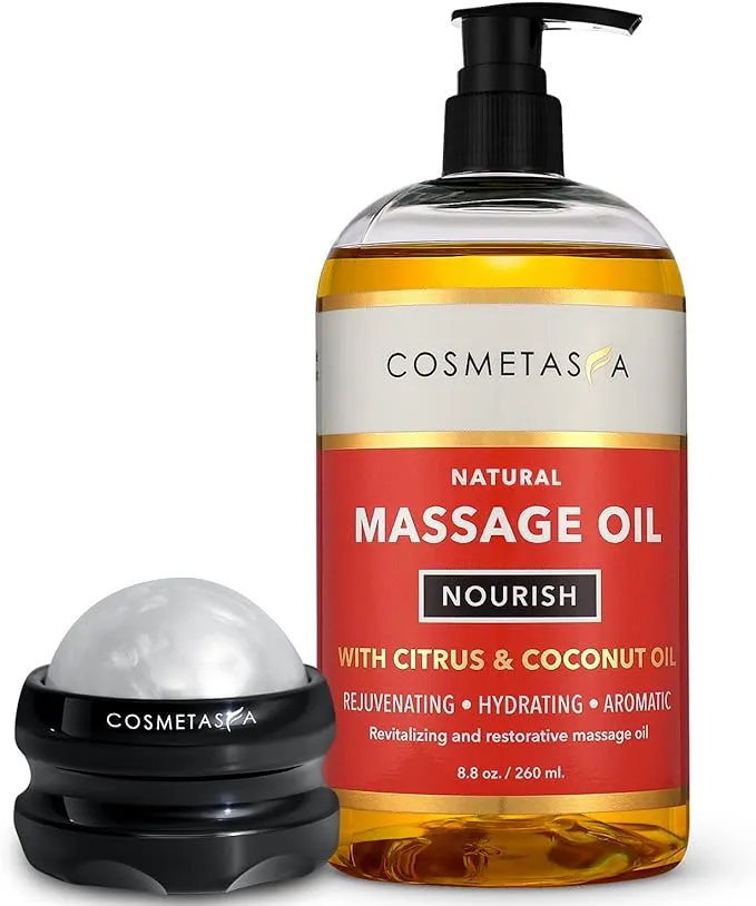 Cosmetasa Natural Nourishing Massage Oil with Massage Roller Ball- Citrus & Coconut- Non Greasy, with Therapeutic Rejuvenating, Hydrating & Aromatic