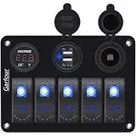 Garfour Waterproof Boat Rocker Switch Panel 3.1A Volt Dual USB Socket LED Light Voltmeter Cigarette Lighter Socket 5 Bang Rocker Switch Panel for