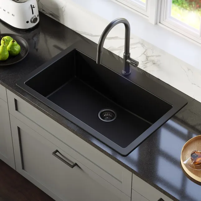 Quartz 33 in. Large Single Bowl Drop-In Kitchen Sink in Black