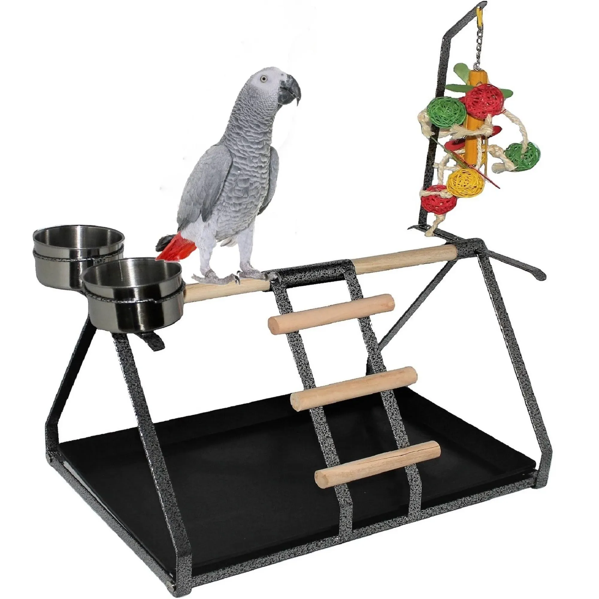 Parrot Bird Perch Table Top Stand Metal Wood 2 Steel Cups Play for Medium... 