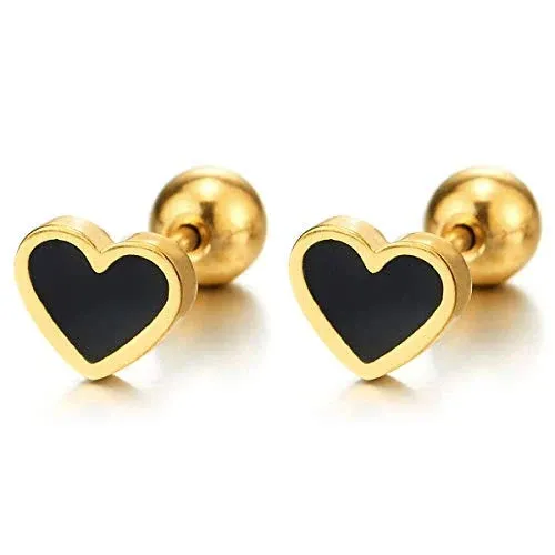 Pair of Womens Stainless Steel Flat Heart Stud Earrings with Enamel, Screw Back