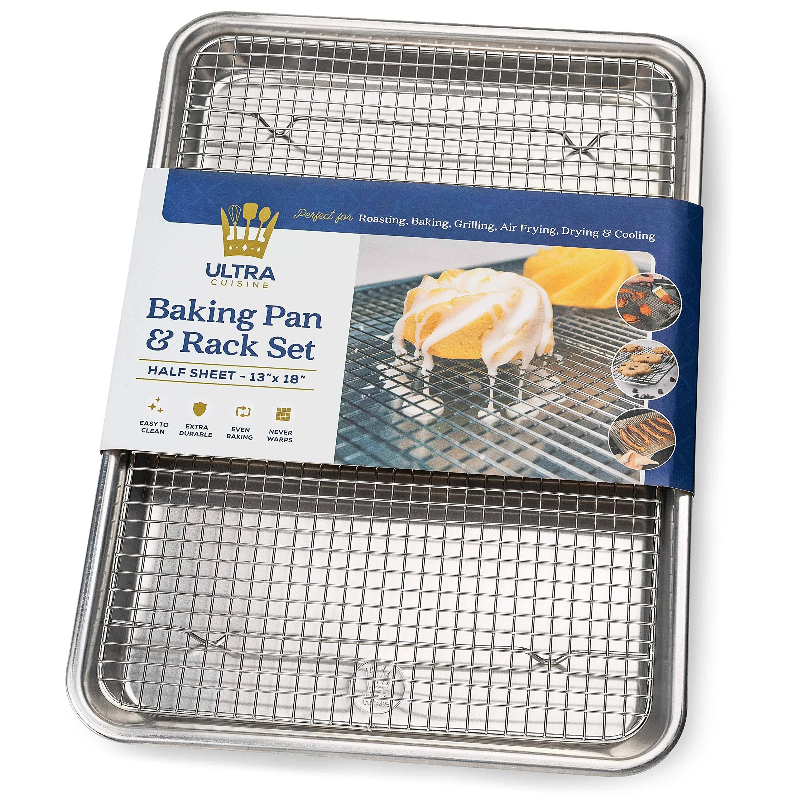 Baking Pan with Cooling Rack Set - Half Sheet Pan Size - Includes a Professional Aluminum Baking Sheet and a Stainless Steel Baking Rack for Oven - Durable, Easy to Clean, Commercial Quality