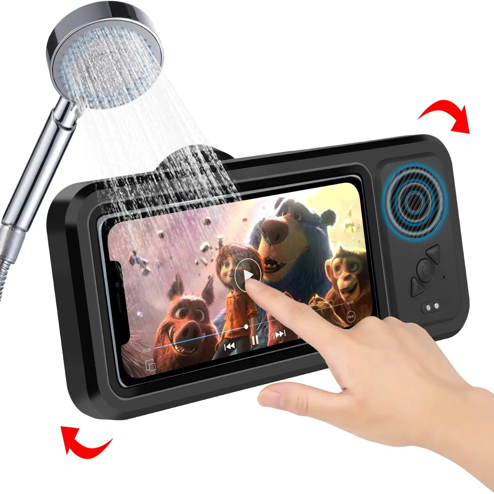 Fanlory Shower Phone Holder with Wireless Bluetooth Speaker - Waterproof 480 Rotation Viewable Shower Phone Stand Case Mount Speakers for Bathroom