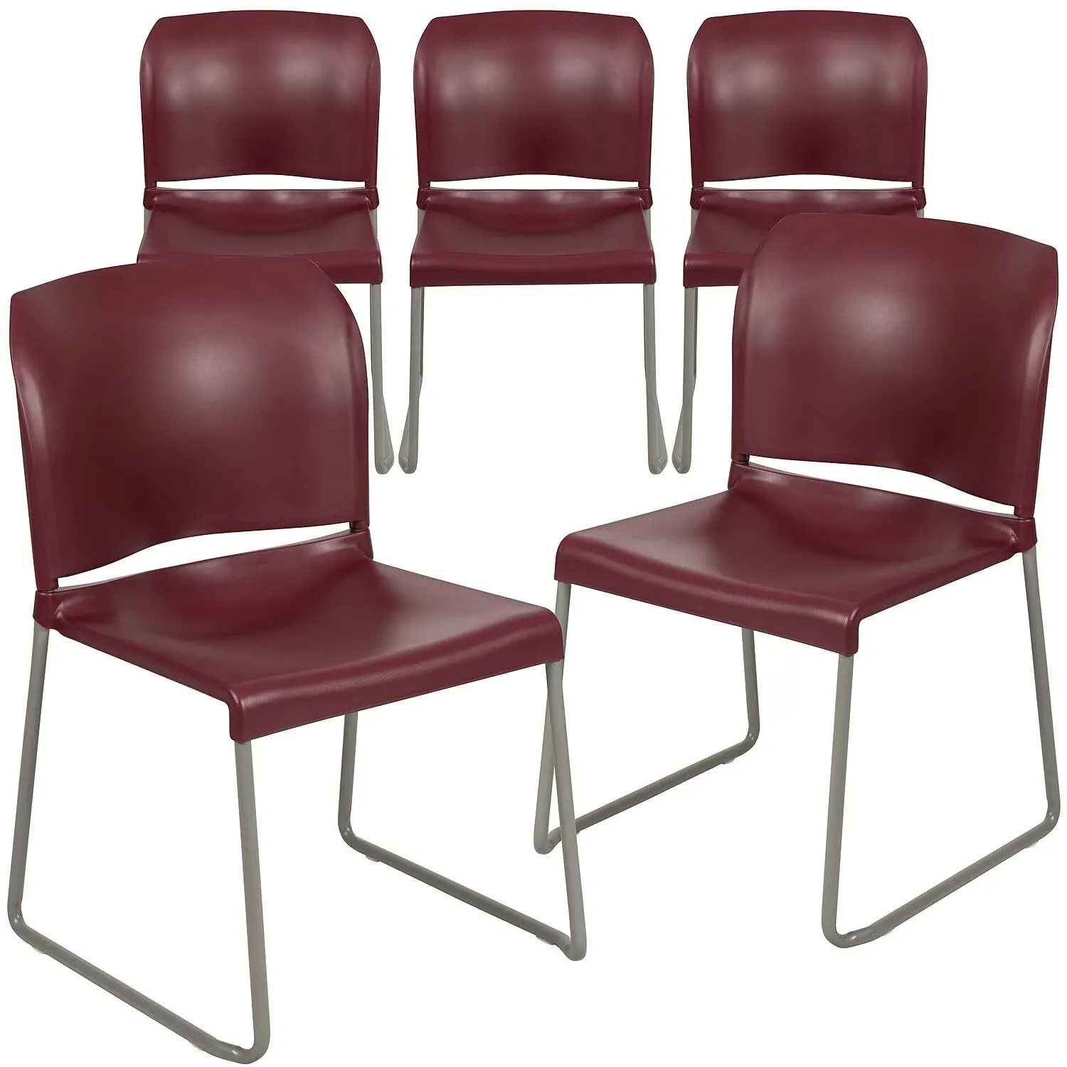 Flash Furniture HERCULES Series 5 Pack 880 lb. Capacity Burgundy Full Back Contoured Stack Chair with Gray Powder Coated Sled Base