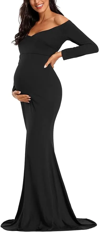 Ecavus Womens Off Shoulder Maternity Dress Slim Cross-Front V Neck Long Sleeve