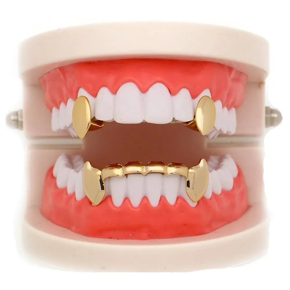 Custom Fit Hip Hop Grills Fangs 2 Single Top and 6 Bottom Set Bling Teeth Grillz