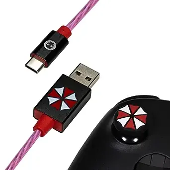 Numskull Official Resident Evil LED USB Type-C Cable and Thumb Stick Grips - 1.5m Fast Charging Lead, Xbox Series X Controller Mod