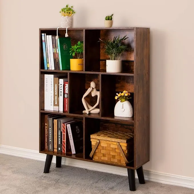 LEYAOYAO Cube 3 Tier Mid-Century Modern Legs Retro Wood Bookshelf