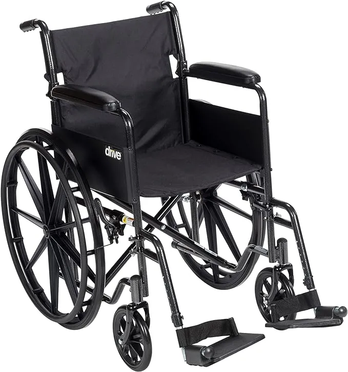 Drive Medical SSP118FA-SF Silver Sport 1 Folding Transport Wheelchair with Full Arms and Removable Swing-Away Footrest, Black