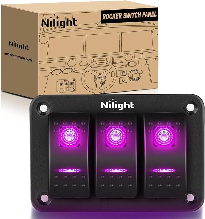 Nilight 3 Gang Aluminum Rocker Switch Panel 5 Pin ON Off Pre-Wired Pinkish Purple Toggle Switch SPST 12V 24V Night Glow Stickers for Cars Marines Boats Campers RVs