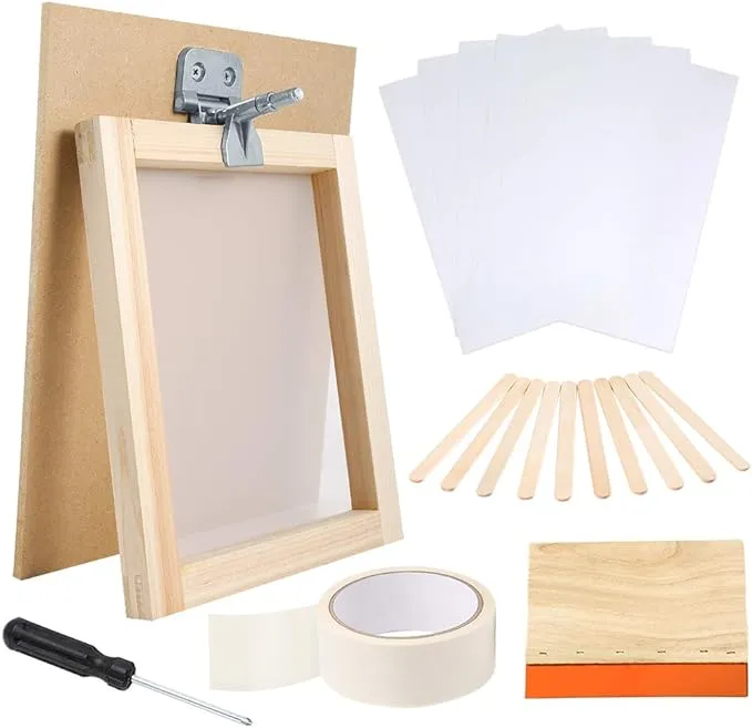 Caydo 27 Pieces Screen Printing Starter Kit Include 8 x 10 inch Silk Screen Printing Frame with 110 White Mesh, Screen Frame Butterfly Hinge Clamp