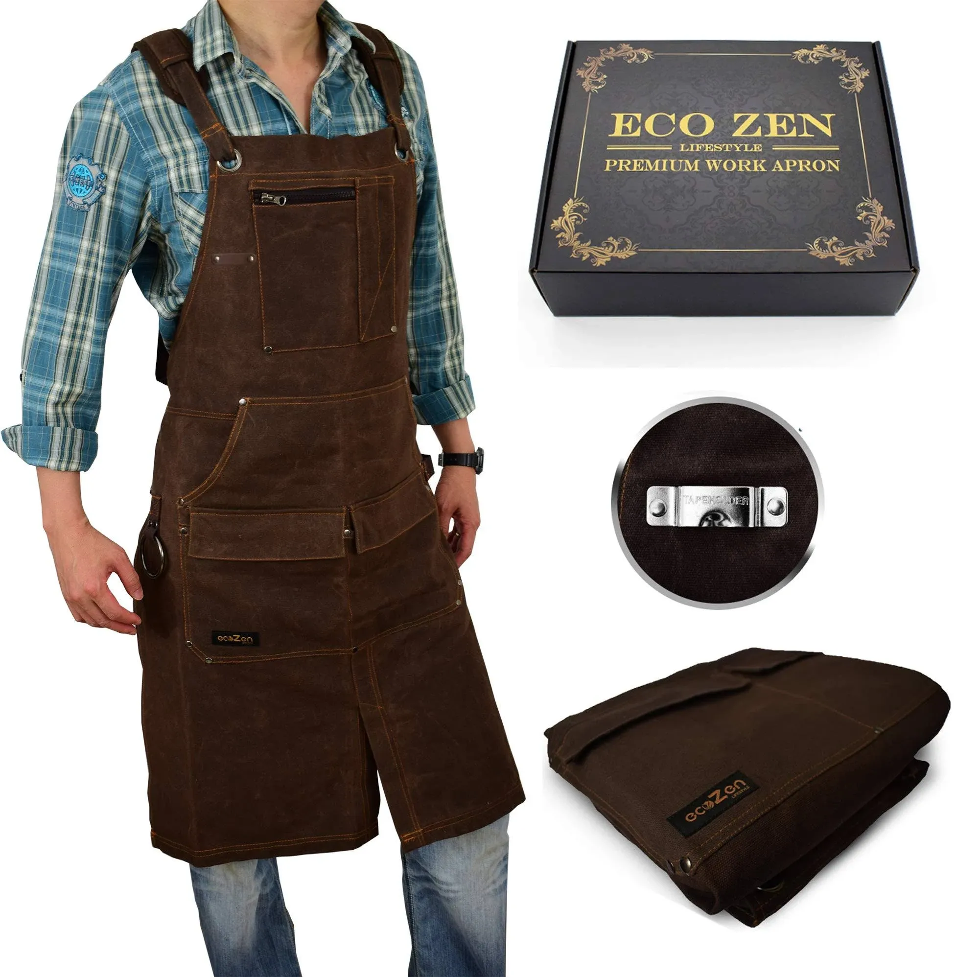 Shop Apron 16 oz Long Waxed Canvas Work Apron with Pockets | Waterproof, Full...