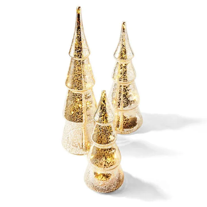 LampLust Mercury Glass Christmas Tree Decoration - Set of 3 Assorted Trees with Fairy Lights, 10 Inch Tall, Silver Finish, Batteries Included, Holiday Table Centerpiece or Mantle Decor