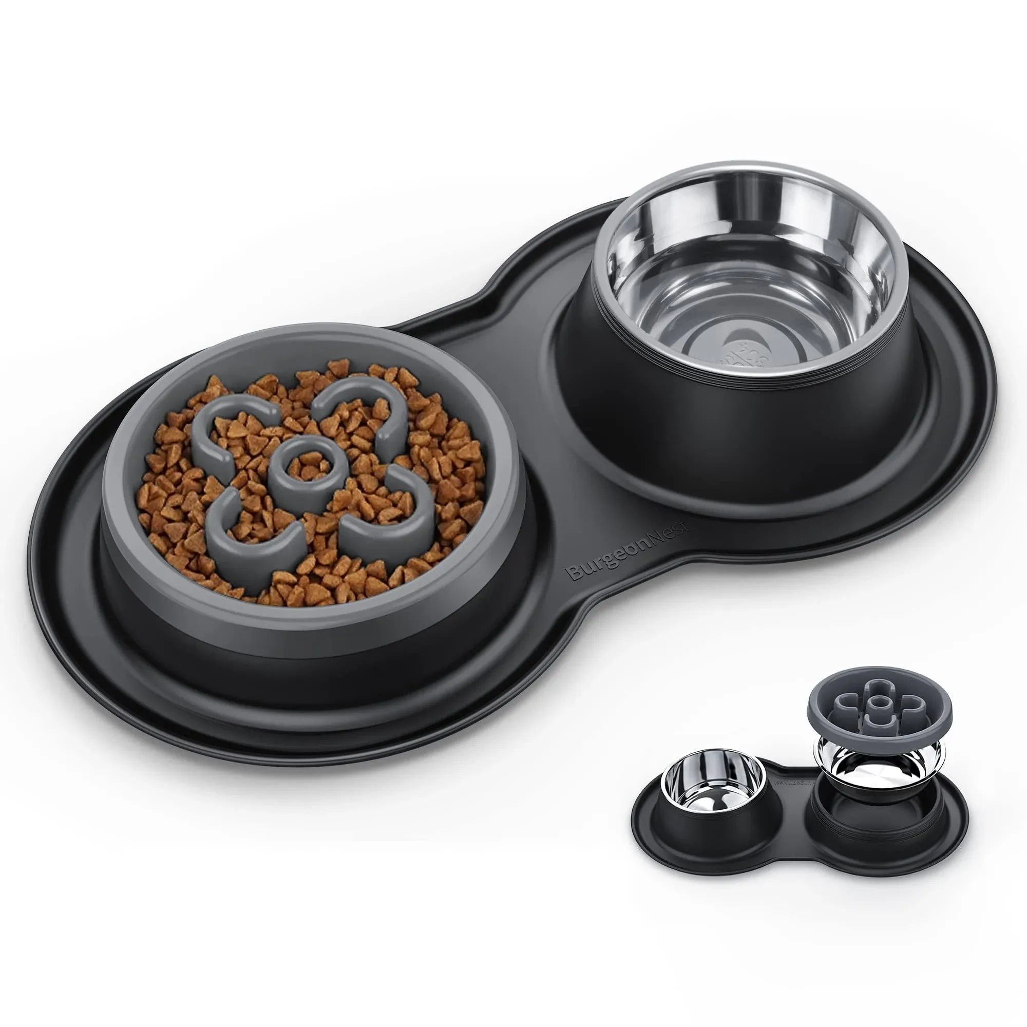 BurgeonNest Slow Feeder Dog Bowls Small Size,13 oz Cat Food Bowls, 4-in-1 Cat Slow Feeder with No-Spill Silicone Feeding Mat, Stainless Steel Anti Vomiting Pet Bowl Set, Perfect for Puppy, Kitten