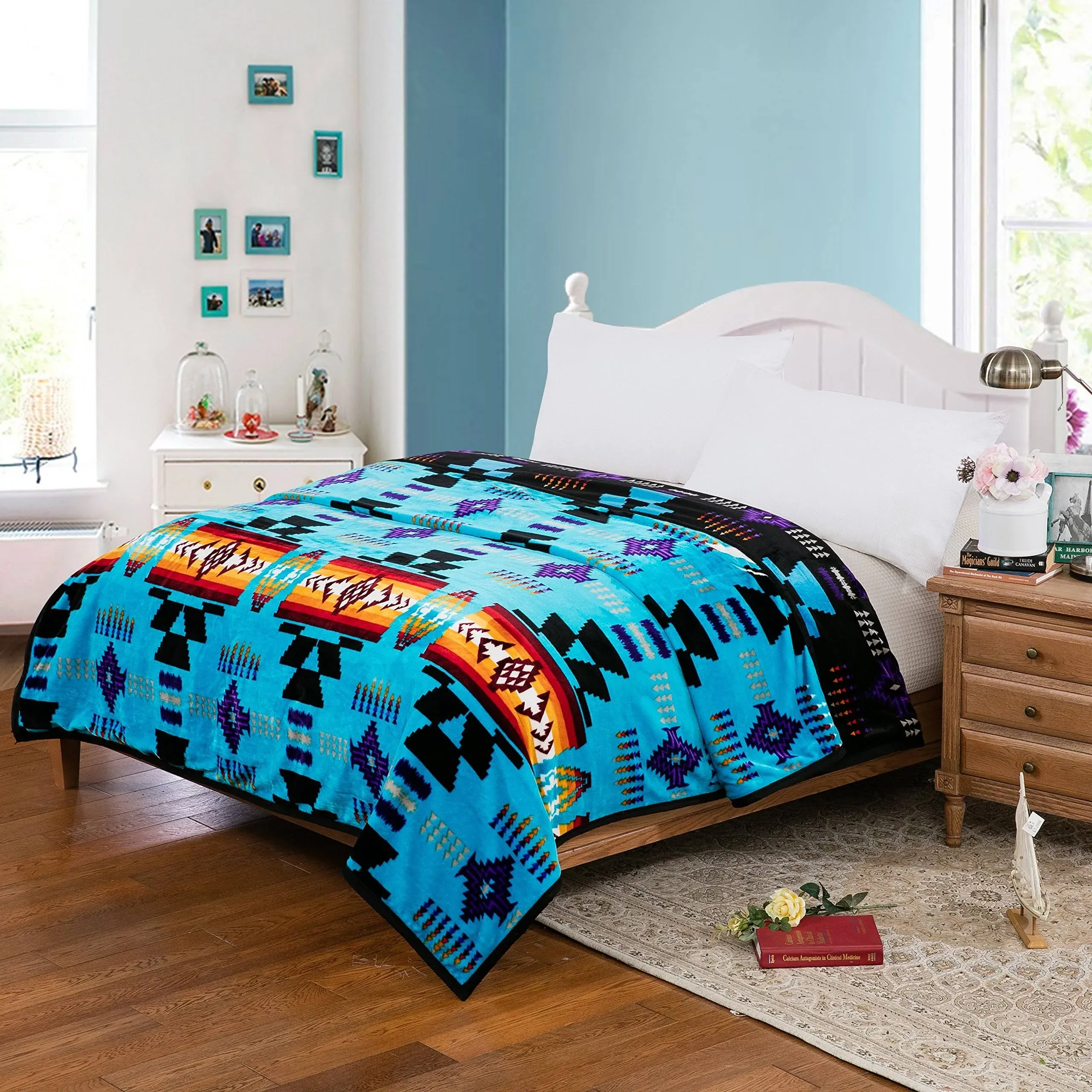 Southwestern Navajo Print Silk Touch Reversible King Size Blanket Turquoise