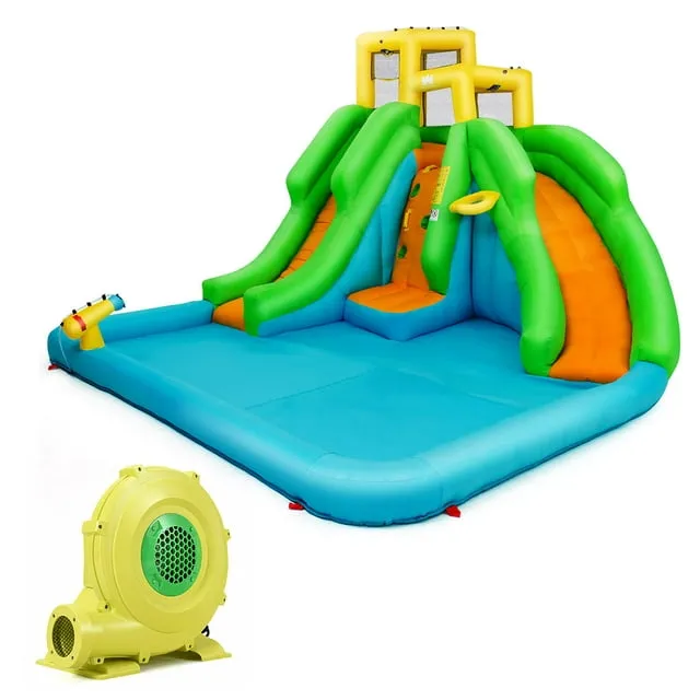 Costway Inflatable Water Park Bounce House Two-Slide Bouncer with Climbing Wall&480W Blower