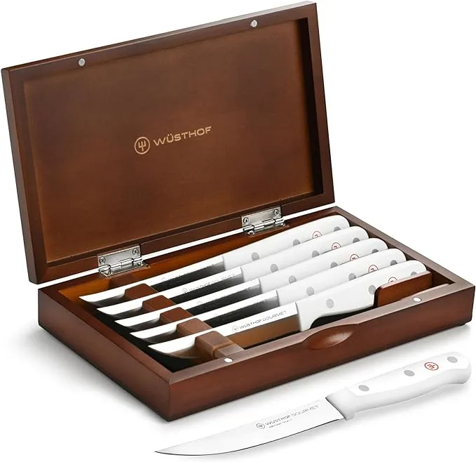 Wusthof Gourmet 6 Piece Steak Knife Set with Case, White Handles