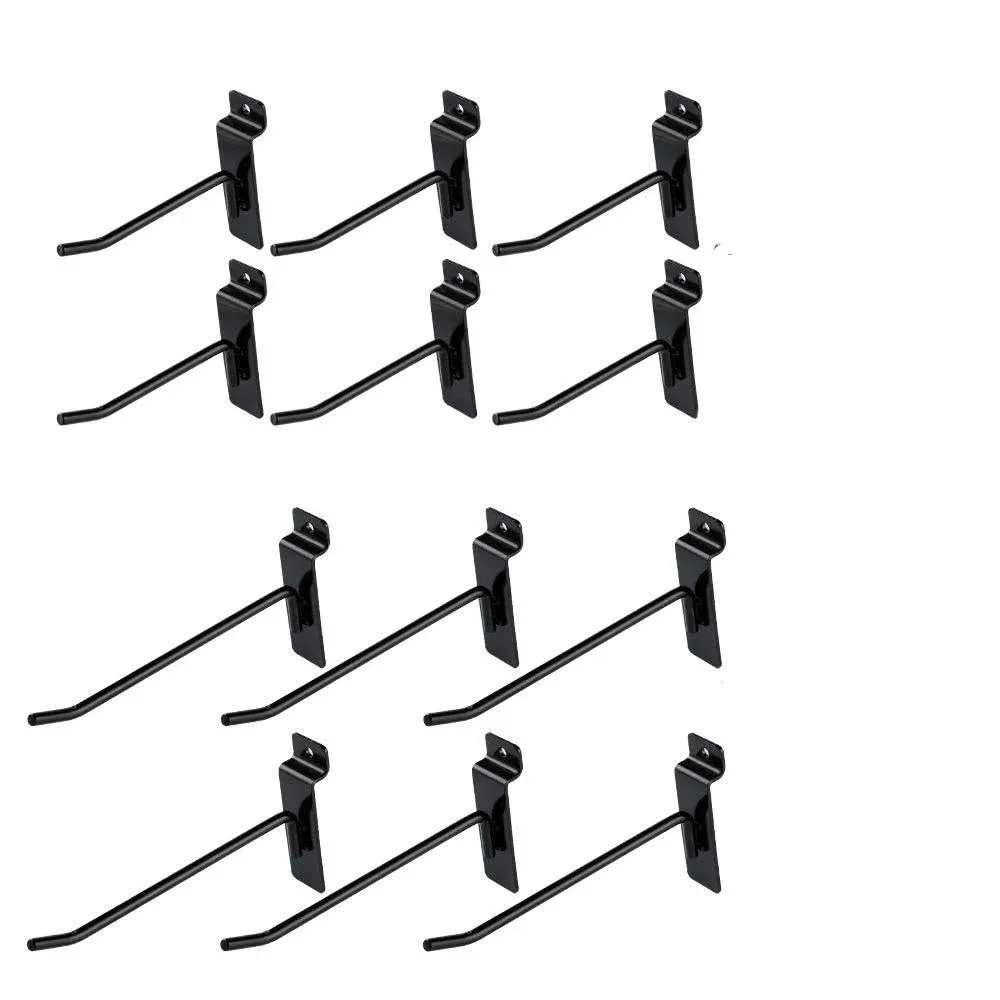 Dazzling Displays Box of 12 (Six 4-Inch and Six 6-Inch) Black Metal Slatwall Hooks