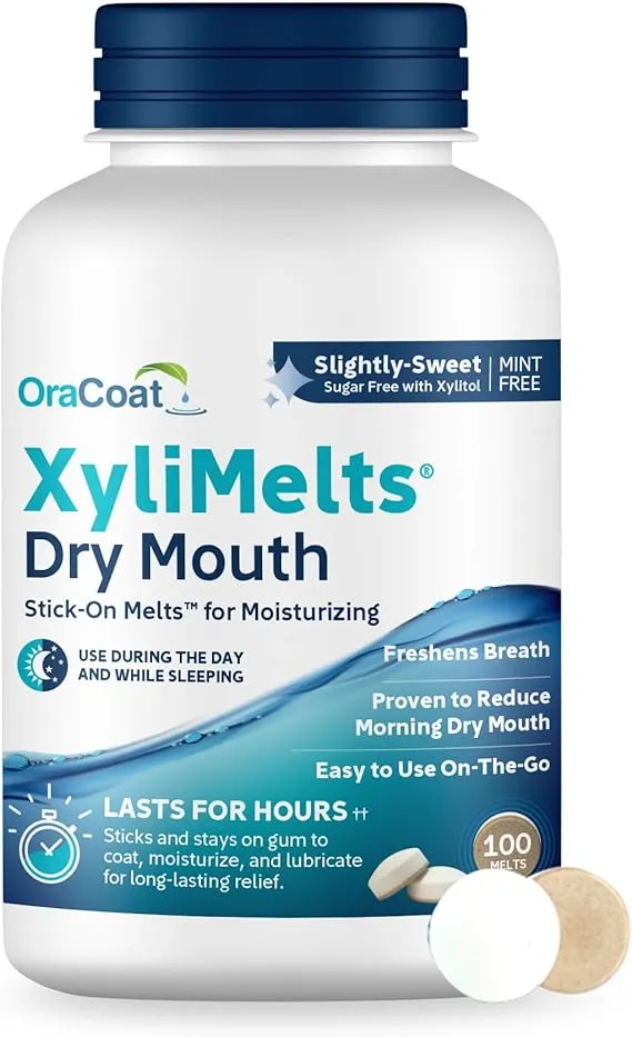 Oracoat XyliMelts Dry Mouth Relief Moisturizing Oral Adhering Discs with Xylitol, Cinnamon, for Dry Mouth, Stimulates Saliva, Non-Acidic, Day and Night Use, Time Release for up to 8 Hours, 100 Count