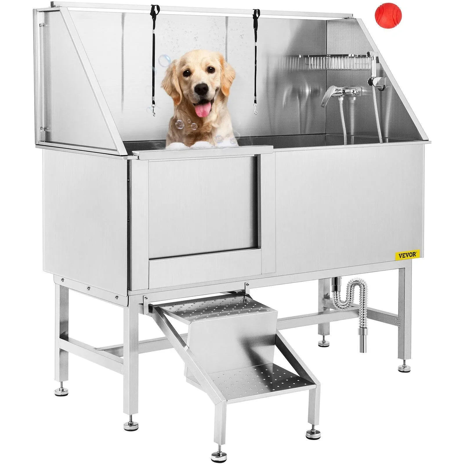 VEVOR 62" Pet Dog Bathing Station w/Stairs, Professional Stainless Steel Dog Grooming Tub w/Soap Box, Faucet,Rich Accessory,Bathtub for Large,Medium,Small Pet, Washing Sink for Home(Left)