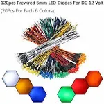 EDGELEC 120pcs 12V LED Lights Emitting Diodes, Pre Wired 7.9 inch DC 12 Volt 5mm LED (6 Colors x 20pcs) Assorted Kit Diffused Colored Lens- White