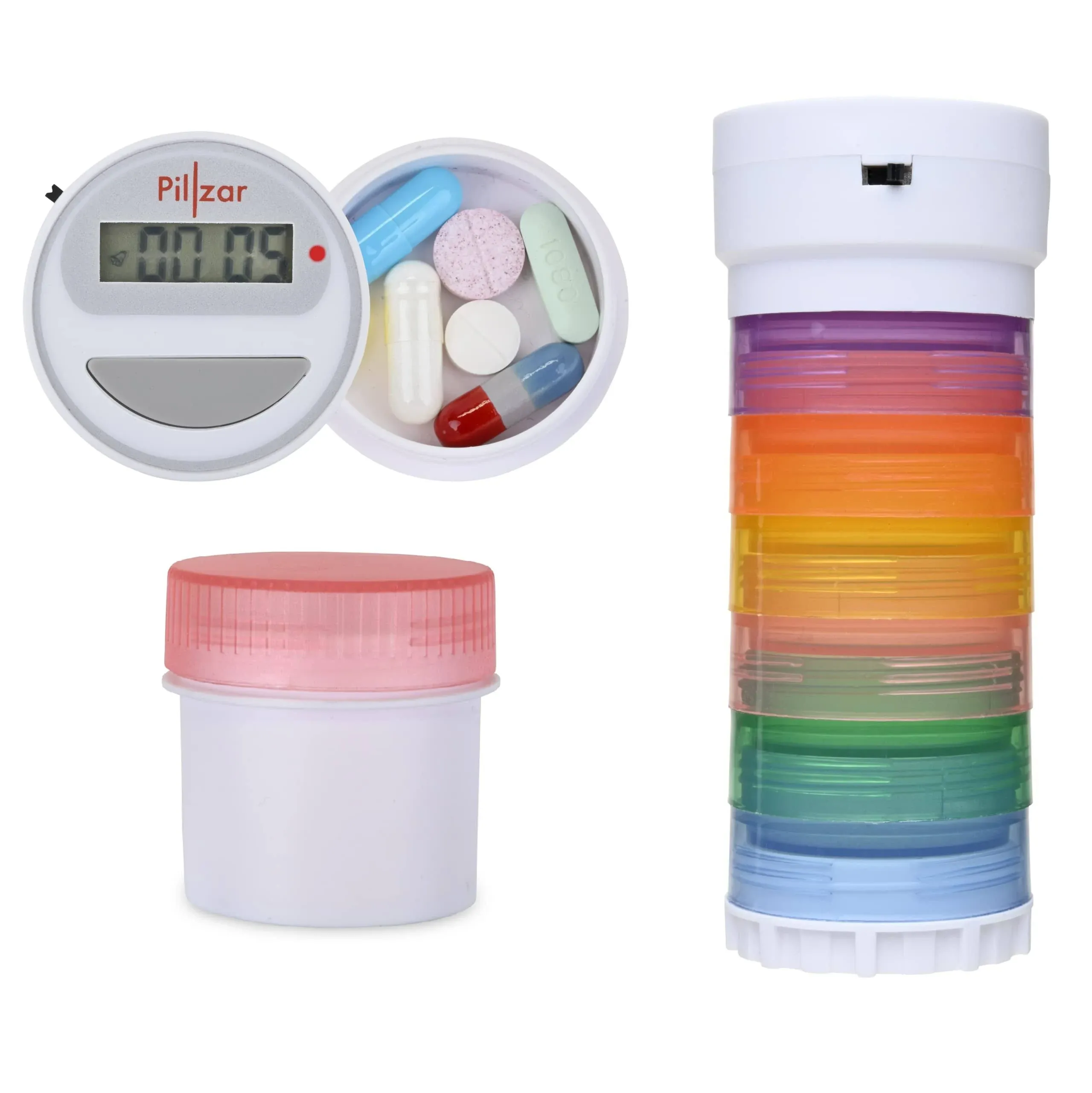 Portable Stackable Pill Organizer and Timer Cap with 14 Countdown Alarm presets. Comes with 1 Timer, 6 Small Stackable Containers, 1 Large Container, and 2 Magnetic Adapters. Travel Friendly.