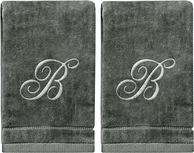 Monogrammed Towels Fingertip, Personalized Gift, 11 x 18 Inches - Set of 2- Silver Embroidered Towel - Extra Absorbent 100% Cotton- Soft Velour Finish - For Bathroom/ Kitchen/ Spa- Initial R (Gray)