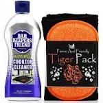 Fox Trot Bar Keepers Friend Cooktop Cleaner, 13oz Multipurpose Cleaner, Stove Top Cleaner Bundle, includes Tiger Pack Black Pro-Grade Microfiber Towel and Dual-Sided Sponge