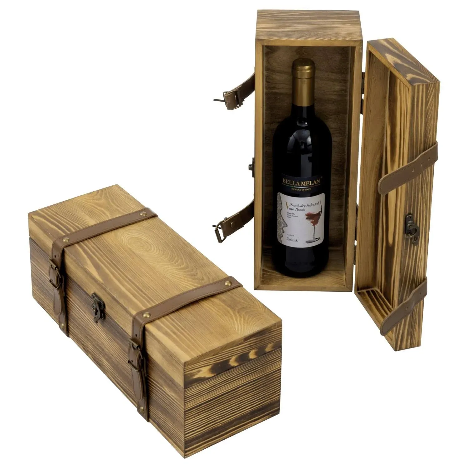 MyGift Vintage Burnt Wood Wine Gift Boxes with Leatherette Buckle Straps and Antique Brass Tone Metal Latch Closure, Decorative Box Single Bottle Holder, Set of 2