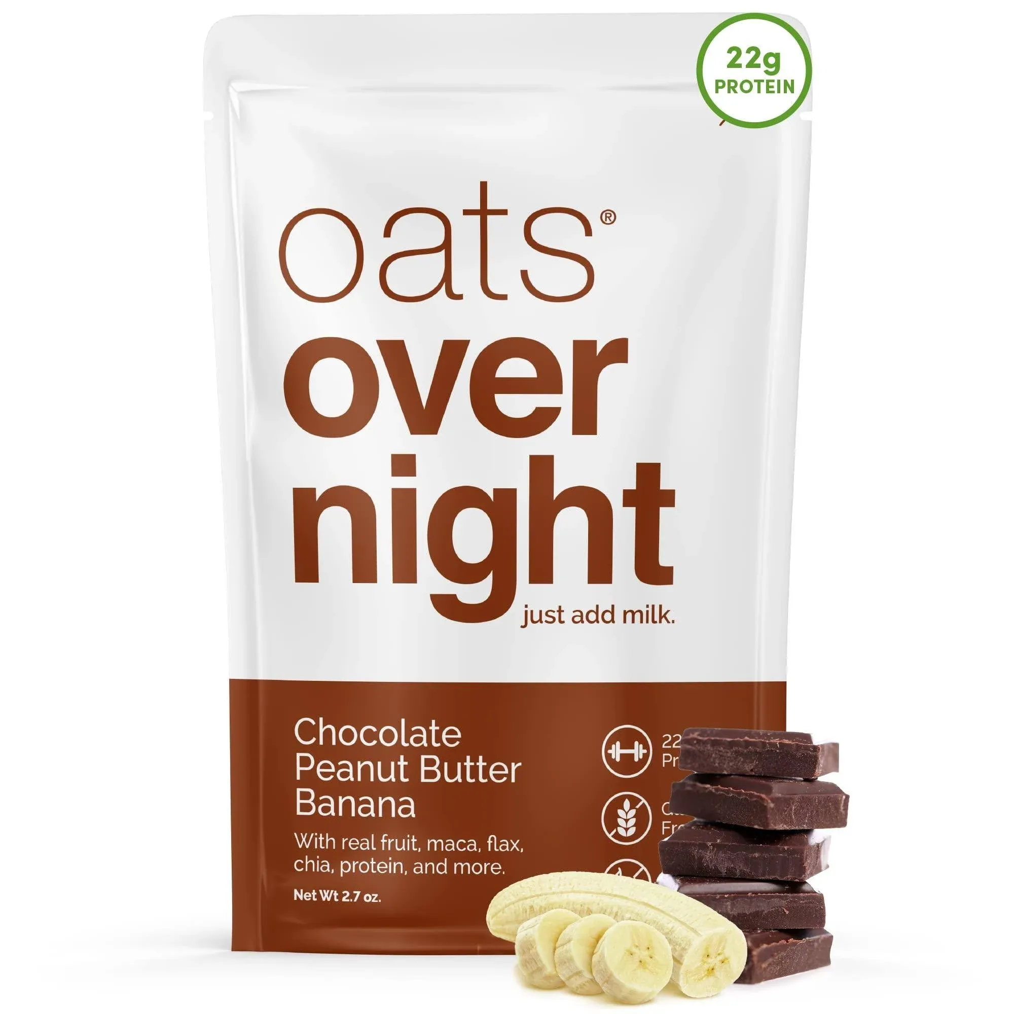 Oats Overnight Chocolate Peanut Butter Banana 20g Protein, High Fiber Breakfast Shake Gluten Free, Non GMO Oatmeal