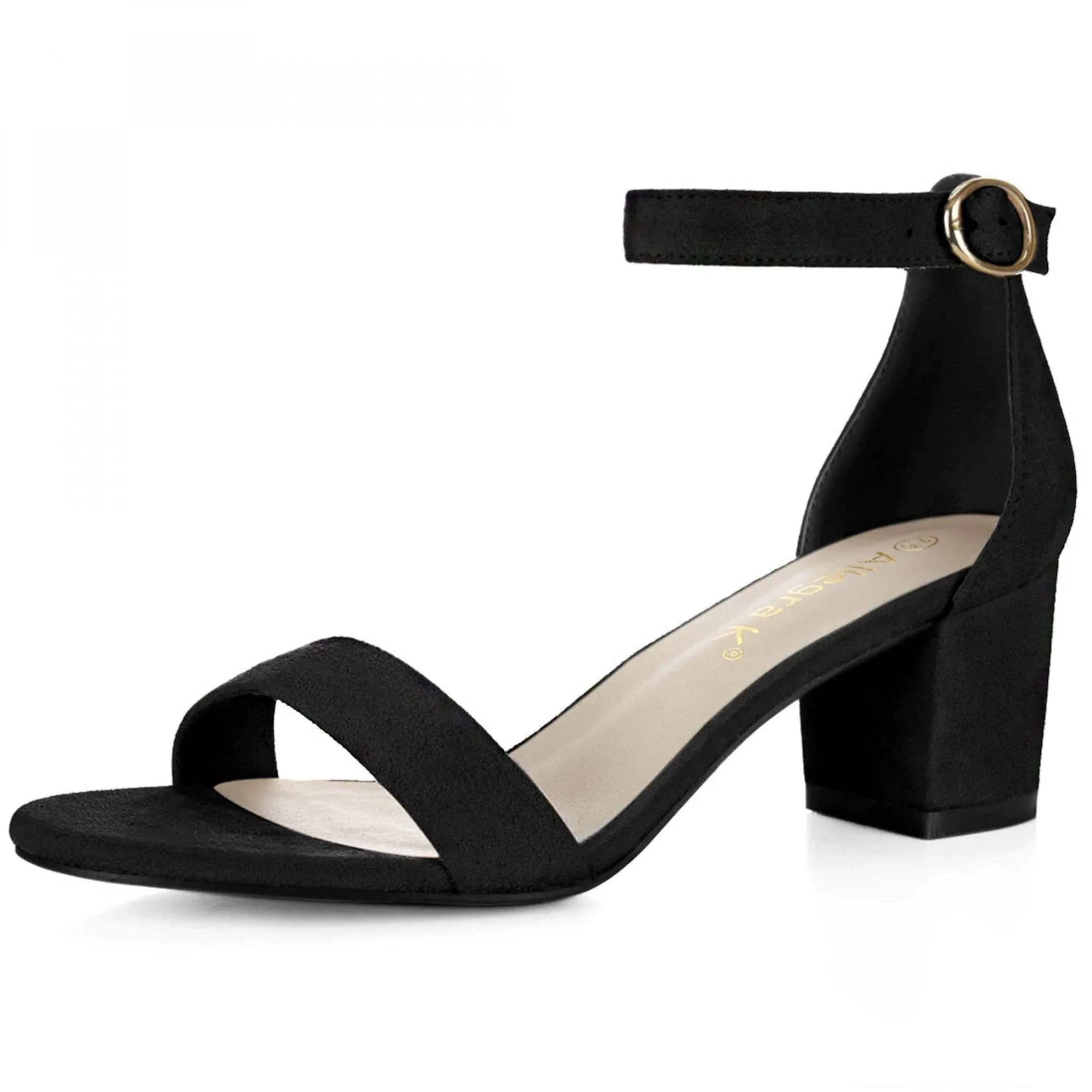 Allegra K Suede Open Toe Low Block Heel Ankle Strap Sandals, Black / 7