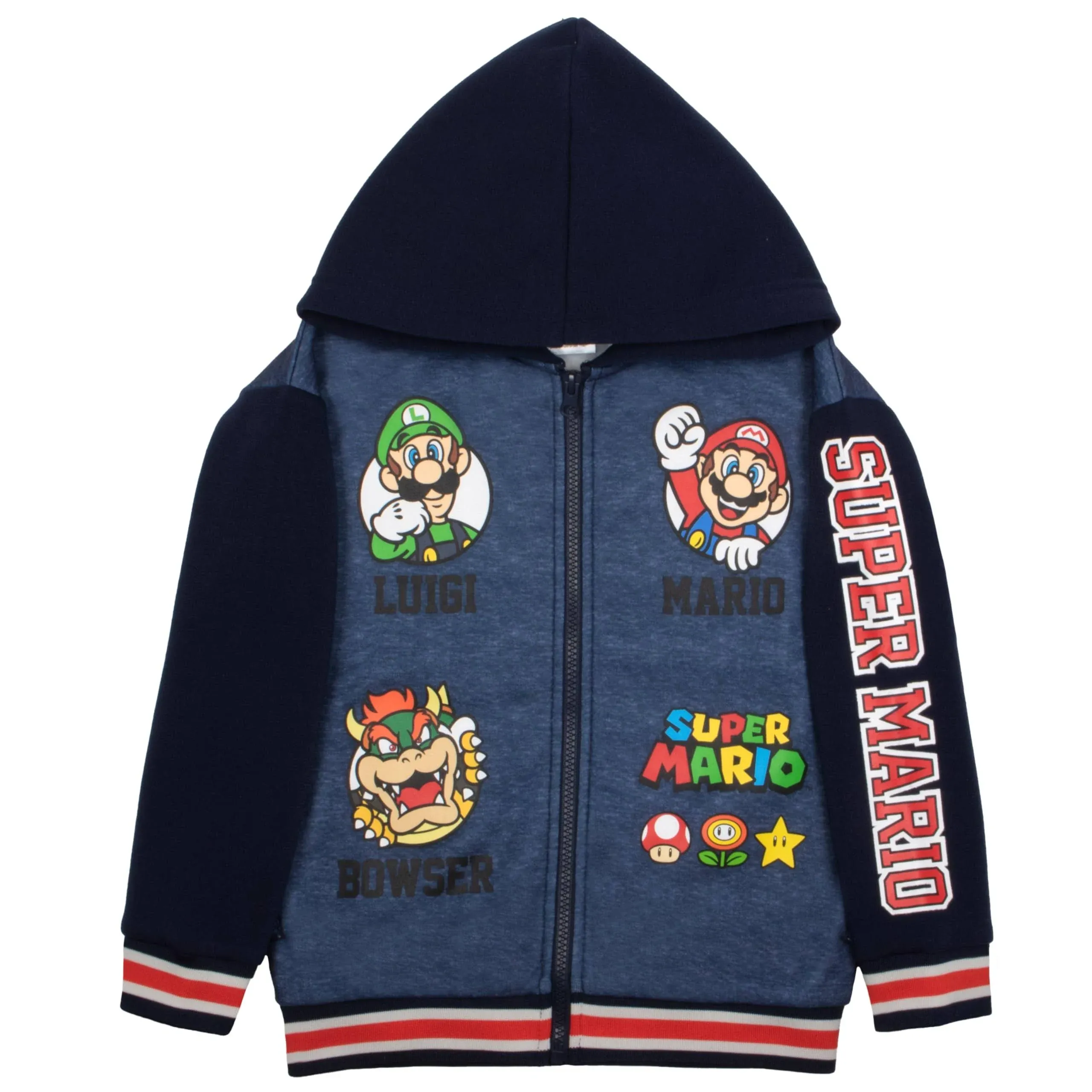 Nintendo Super Mario Graphic Boys Hooded Fleece Varsity Jacket for Kids and Toddlers