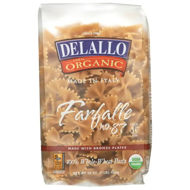 DeLallo Organic Whole Wheat Farfalle, Bow Ties Pasta, 1lb Bag